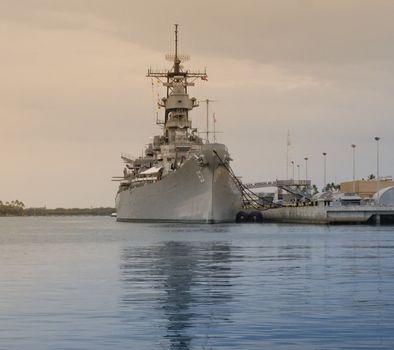 The Battleship USS Missouri at anchor in Pearl Harbor, Hawaii.