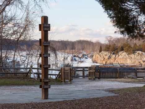 Great Falls on Potomac river outside Washington DC with flood marker pole