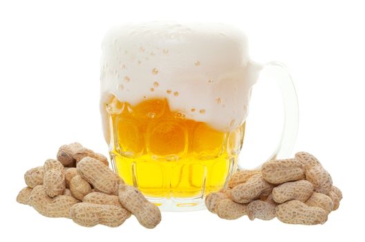 A fresh foaming mug of beer and peanuts.  Shot on white background.