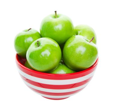 Large Granny Smith Apples in a red striped bowl.  The perfect pie making apple!