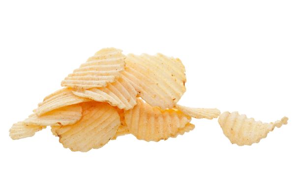 A pile of rippled potato chips, shot on a white background.