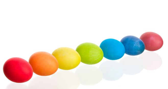 A colorful rainbow of dyed Easter eggs.  Shot on white background.