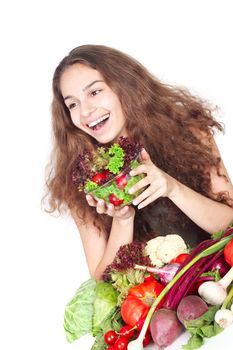Woman with vegetables isolated on white healthy eating concept