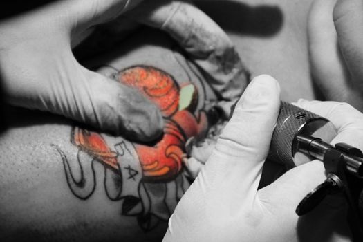 Making of colorful tattoo with heart rose and ribbon bw