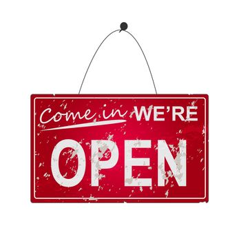 Image of a hanging "Open" sign isolated on a white background.