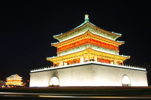 Night view of the famous landmark of Bell Tower in Xian, China