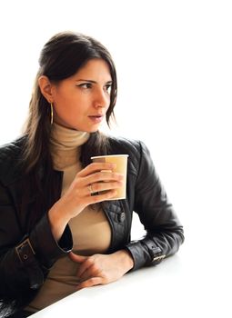 Woman drink coffee isolated on white background