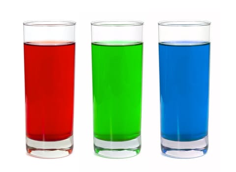 Red green blue liquid in glasses isolated on white