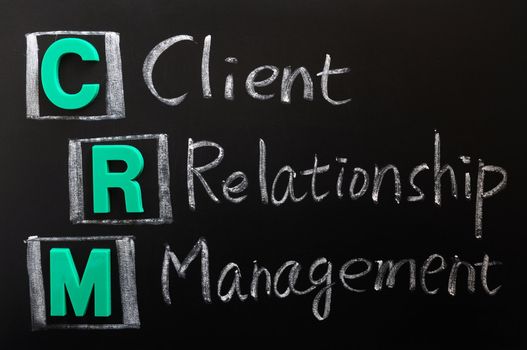 Acronym of CRM - Client Relationship Management written on a blackboard