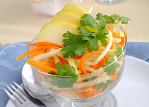 Salad of celery root and leaf, carrot and apple