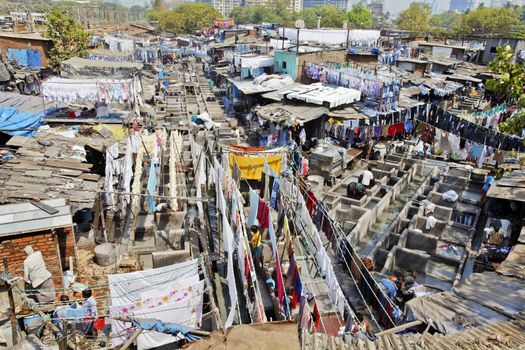 Mumbai, Dhobhi ghat, assembly line of wash tubs and bays with washed laundry out to dry on washing lines