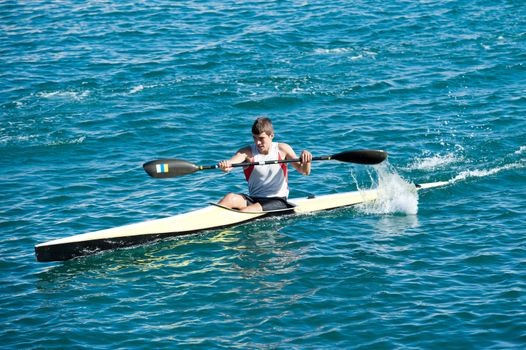 LAS PALMAS, SPAIN – MARCH 10: Ignacio Soler Fabre from club amigos del piraguismo in Canary Islands, kayaking during Boat and Marine Expo FIMAR 2012 on March 10, 2012 in Las Palmas, Spain
