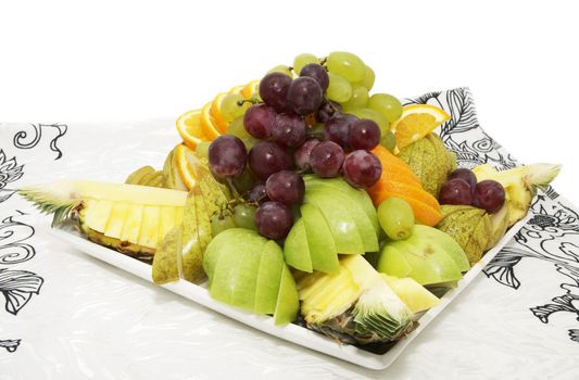 a plate of ripe fruit on a white background