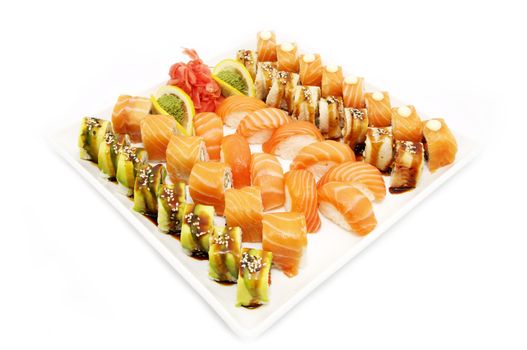 Japanese sushi on a plate on a white background