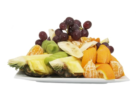 a plate of ripe fruit on a white background