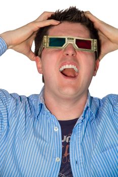 Picture of a frustrated man watching a 3d movie with anaglyph glasses