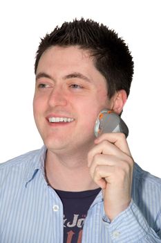 Picture of a happy man that is shaving himself with a razor