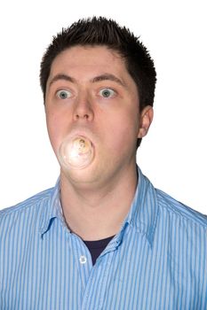Picture of a man with a glowing lightbulb in his mouth