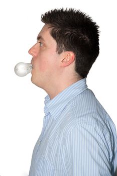 Picture of a man with a glowing lightbulb in his mouth