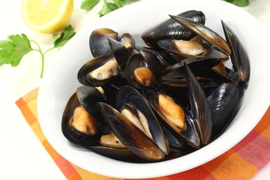 fresh cooked mussels in a white bowl with napkin