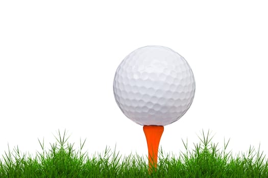 golf ball and tee on green grass isolated on white background