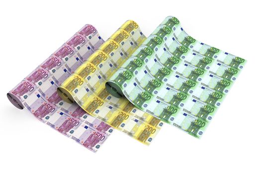 Rolls of euro banknotes on white background. High resolution 3D image