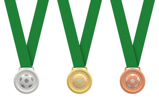 Gold, silver and bronze soccer medals with green ribbons on white background. High resolution 3D image