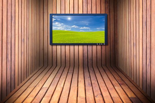 wide screen television in wooden room