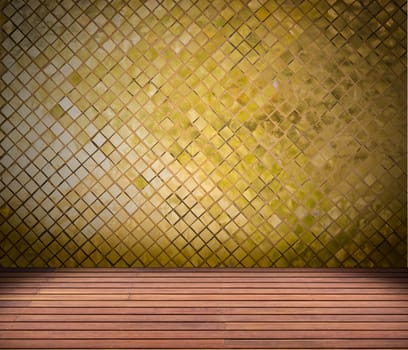 golden mosaic wall and wood floor