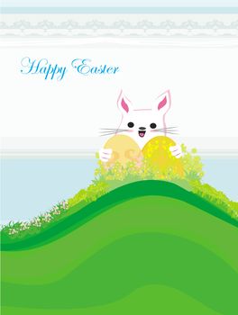 Illustration of happy Easter bunny carrying egg