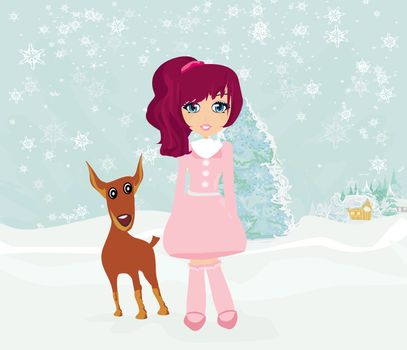 winter girl and her dog