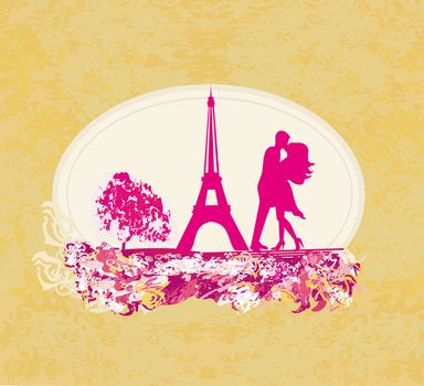 Romantic couple in Paris kissing near the Eiffel Tower. Retro card.