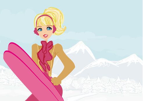 Beautiful blonde girl with skis on a winter background