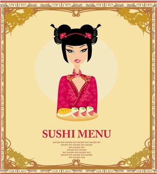 beautiful Asian girl enjoy sushi - menu template