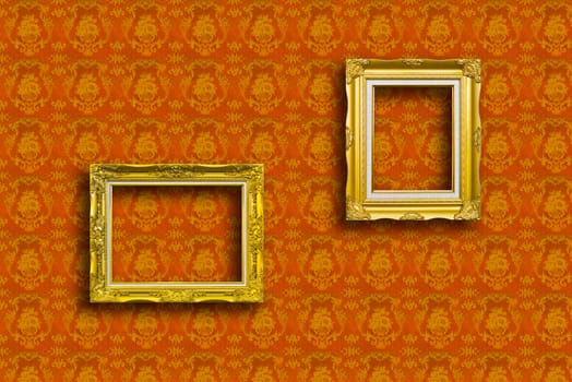 frame of golden wood  on yellow wallpaper