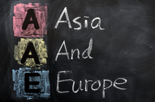 Acronym of AAE for Asia and Europe written in chalk on a blackboard