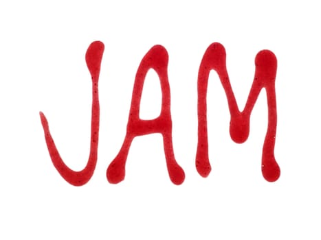 Jam written with jam on white background