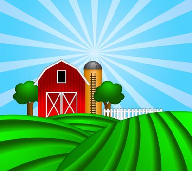Red Barn with Grain Elevator Silo and Trees with Green Crop Pastures Illustration