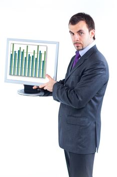 business man holding monitor with business graph, isolated