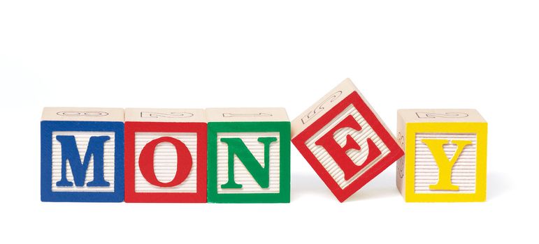 Alphabet blocks arranged to spell the word, "money."  Isolated on white with clipping path.