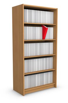 3D rendered red book in library.