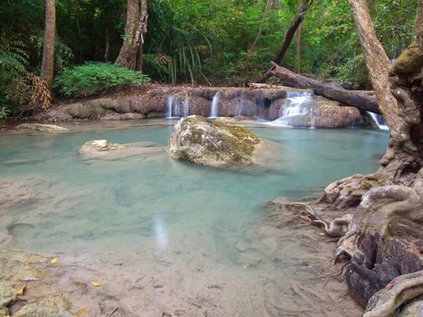 Emerald color water in Erawan waterfall, Erawan National Park, Kanchanaburi, Thailand