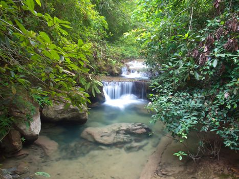 Emerald color water in Erawan waterfall, Erawan National Park, Kanchanaburi, Thailand