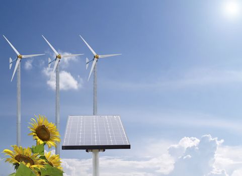 Alternative energy with sunflowers and pure fresh air