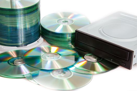 group of compact discs cd-rom and burner on a white background 