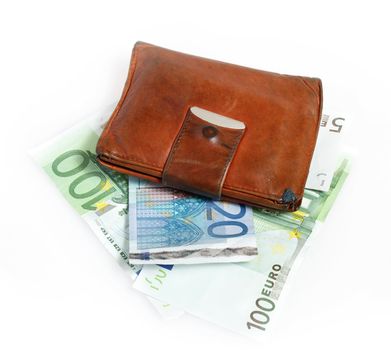 Leather wallet with euro banknotes on white background