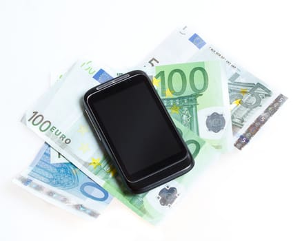 Modern mobile smart phone and  euro banknotes on white background