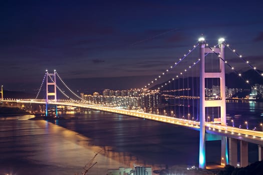 Beautiful night scenes of Tsing Ma Bridge in Hong Kong. 
