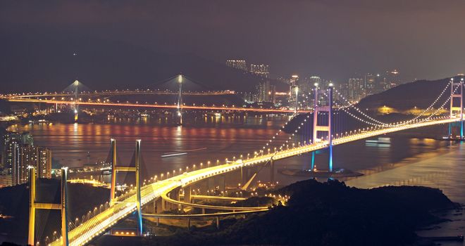 Tsing Ma Bridge in Hong Kong at night 