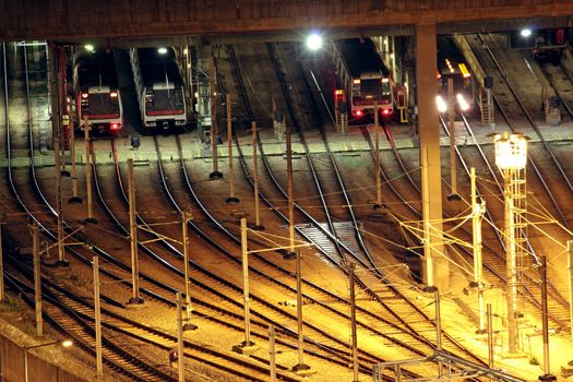 Train tracks in hongkong by night.